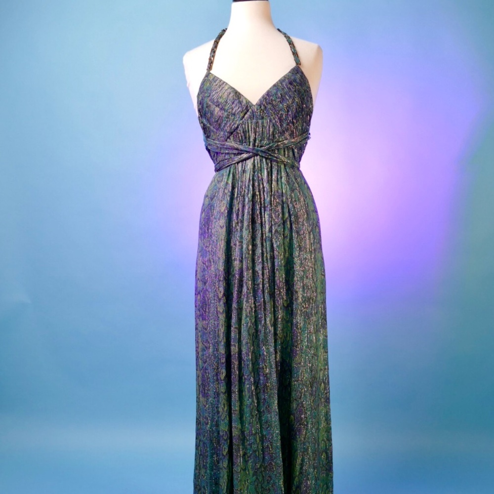 BCBG Max Azria Silk Metallic Snake Print Halter Maxi with Chain Detail